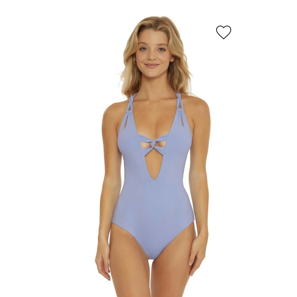 Becca Helena Plunge One-Piece Swimsuit Coastline Blue Vacation Beach Cruise Sz L - Picture 3 of 10